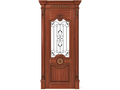 Classical Wooden Swing Door With Carved Decorations And Glass Panel 3d model