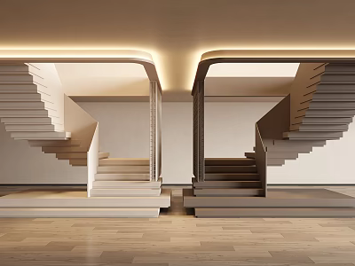 Minimalist Double Stairs Interior Design With Wooden Flooring And Lighting 3d model