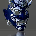 Intricate Blue Mask With Silver Horns Fangs Earrings And Decorative Patterns