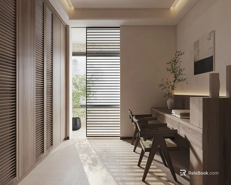 Serene Wooden Study Room Interior With Louvered Windows Desk Chairs And Natural Light 3d model 