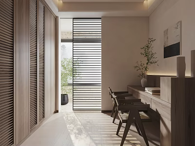 Serene Wooden Study Room Interior With Louvered Windows Desk Chairs And Natural Light 3d model