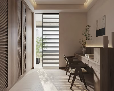 Serene Wooden Study Room Interior With Louvered Windows Desk Chairs And Natural Light 3d model
