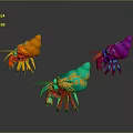 Colorful Hermit Crabs With Brightly Colored Shells And Yellow Antennae Showing Reflections On Dark Surface