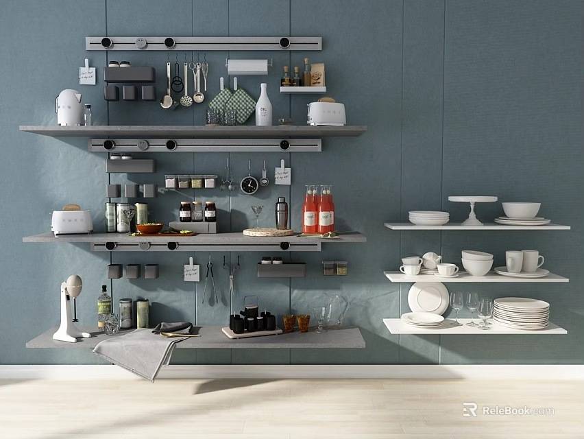 Wall Mounted Kitchen Shelves With Spice Jars Ceramic Bowls And Glass Cups 3d model 