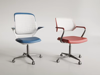 Modern Blue And Red Office Chairs With Mesh Backrests Armrests And Caster Wheels 3d model