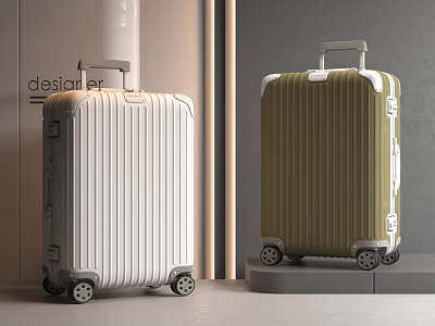 Designer White And Olive Green Striped Suitcases With Rolling Wheels And Retractable Handles 3d model