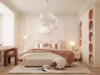 Cozy Kids Room Interior With Cloud Chandelier Arched Headboard Pink Blanket And Circular Hole Bookshelf 3d model