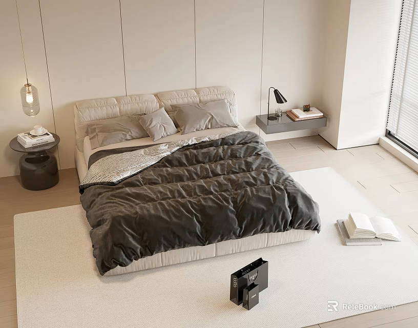 Modern Minimalist Double Bed with Dark Quilt Light Frame and Nightstands in Bright Bedroom 3d model 