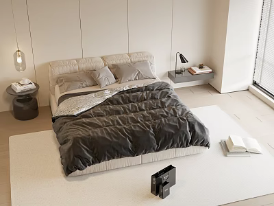 Modern Minimalist Double Bed with Dark Quilt Light Frame and Nightstands in Bright Bedroom 3d model