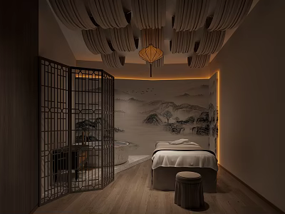 Traditional Chinese SPA Sauna Interior With Wooden Screen Landscape Painting And Lantern Lighting 3d model