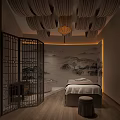 Traditional Chinese SPA Sauna Interior With Wooden Screen Landscape Painting And Lantern Lighting