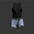 Black Deep V Neck Tank Top With Blue Distressed Denim Shorts And Green Buckle Belt