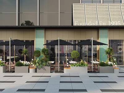 Borough 1895 Restaurant Outdoor Dining Area With Black Umbrellas Green Plants Tables And Chairs 3d model