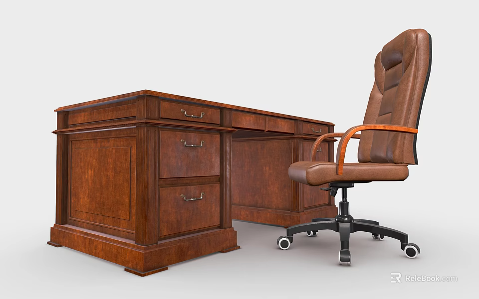 Wooden Office Desk With Drawers And Leather Office Chair With Armrests 3d model 