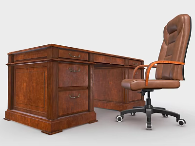 Wooden Office Desk With Drawers And Leather Office Chair With Armrests 3d model