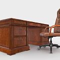 Wooden Office Desk With Drawers And Leather Office Chair With Armrests