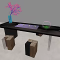 Modern Minimalist Tea Table and Chairs with Natural Wood Tea Set and Green Plant