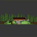 Scenic Forest Landscape With Orange Roofed Cabin Green Pine Trees Yellow Path And Stone Steps