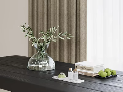 Elegant Modern Kitchen Table With Transparent Vase Olive Branches Books And Green Apples 3d model