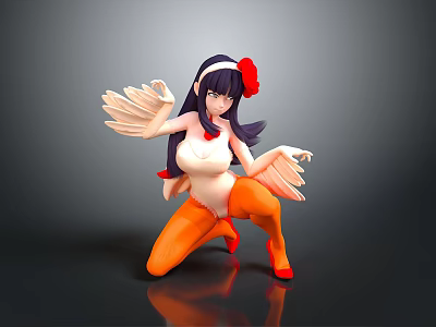 3D Anime Character Figurine With Purple Hair Red Flower White Top And Orange Pants 3d model