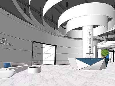 Modern Reception Area Design With Curved Circular Structures Sofa Seating And Marble Flooring 3d model