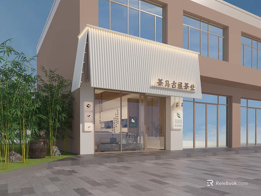 Modern Chinese Style Teahouse Exterior With Bamboo Plants Glass Windows Stone Pavement And Striped Awning 3d model 