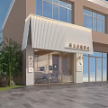 Modern Chinese Style Teahouse Exterior With Bamboo Plants Glass Windows Stone Pavement And Striped Awning