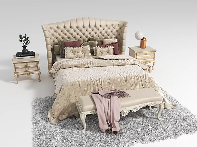 Elegant Double Bed with Tufted Headboard Pillows Bedside Tables Lamp Bench and Gray Rug 3d model