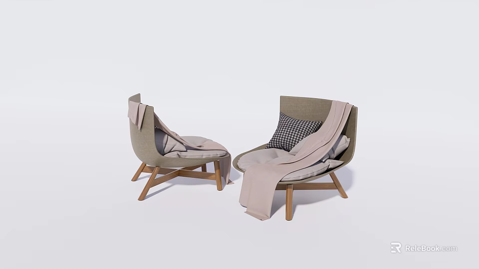 Modern Leisure Chairs Wooden Frame Light Wood Gray Fabric with Checkered Pillow and Throw Blanket 3d model 