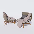 Modern Leisure Chairs Wooden Frame Light Wood Gray Fabric with Checkered Pillow and Throw Blanket