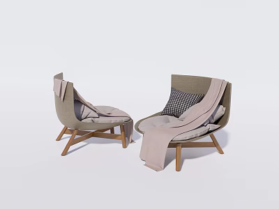 Modern Leisure Chairs Wooden Frame Light Wood Gray Fabric with Checkered Pillow and Throw Blanket 3d model