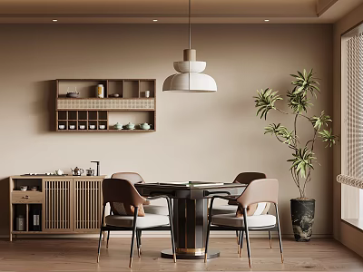 Cozy Dining Area Interior With Wooden Table Matching Chairs Pendant Light Shelf And Green Plant 3d model