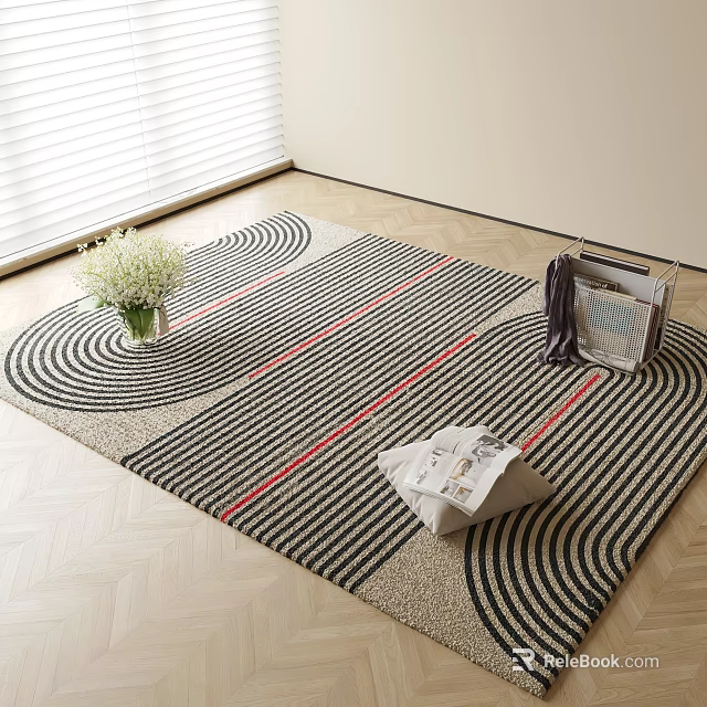 Modern Square Rug with Black White Stripes Red Lines and Circular Patterns in Living Room 3d model 