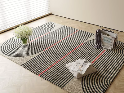 Modern Square Rug with Black White Stripes Red Lines and Circular Patterns in Living Room 3d model