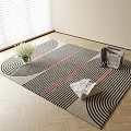 Modern Square Rug with Black White Stripes Red Lines and Circular Patterns in Living Room