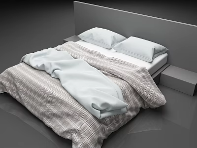 Modern Bedroom Interior with Gray Headboard Two Pillows Plaid Quilt and Light Blue Throw 3d model