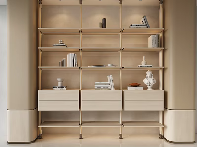 Modern Bookcase Interior Design With Metal Frame Wooden Shelves Drawers And Decorative Sculptures 3d model