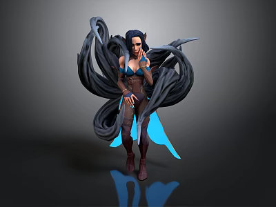 3D Fantasy Female Character With Dynamic Long Black Hair And Blue Brown Outfit 3d model