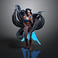 3D Fantasy Female Character With Dynamic Long Black Hair And Blue Brown Outfit