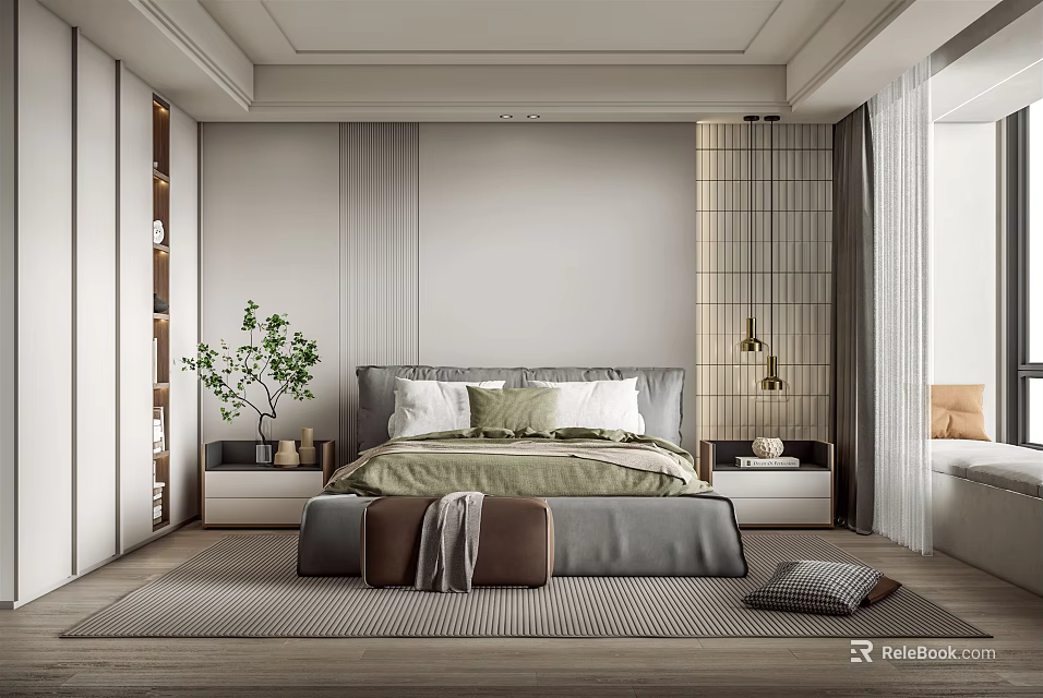 Minimalist Bedroom Interior Design With Green Bedding Rug Wooden Floor And Potted Plant 3d model 