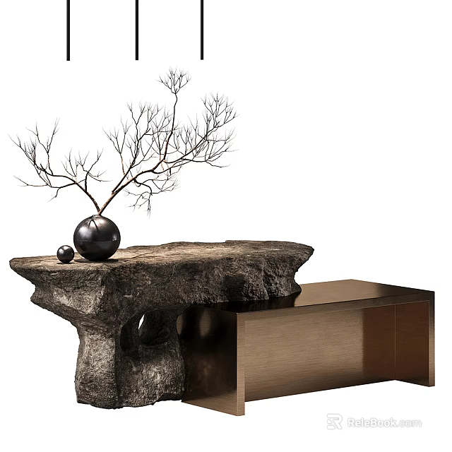 Modern Reception Desk with Stone Countertop Metal Base Decorative Branches and Black Sphere 3d model 