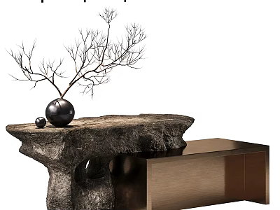 Modern Reception Desk with Stone Countertop Metal Base Decorative Branches and Black Sphere 3d model