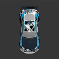 Sporty Racing Car With Blue White Black Graphic Design And Rear Wing