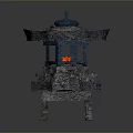Stone Lantern with Blue Top Multi Layered Structure and Red Light in Traditional Design