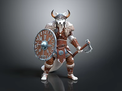 Mythical Wolf Head Viking Warrior With Horned Helmet Shield And Axe 3d model