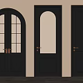 Black Hinged Doors with Various Designs Including Glass Panels and Solid Panels