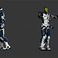 3D Rendered Blue And White Robots With Yellow Heads In Different Standing Waving Poses