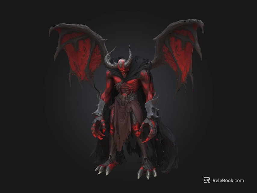 Demonic Game Movie Character With Red Wings Black Horns And Muscular Body 3d model 