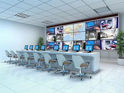 Modern Monitoring Room Interior With Multiple Monitoring Screens Console Desk And Office Chairs 3d model