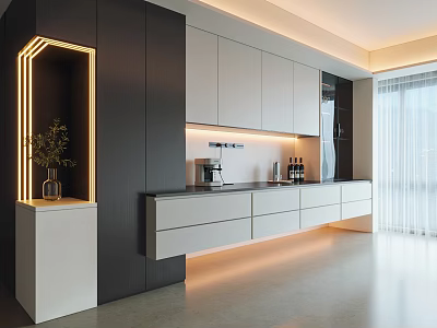 Modern Sideboard With Black And White Design LED Lighting Coffee Machine And Decorative Plant 3d model